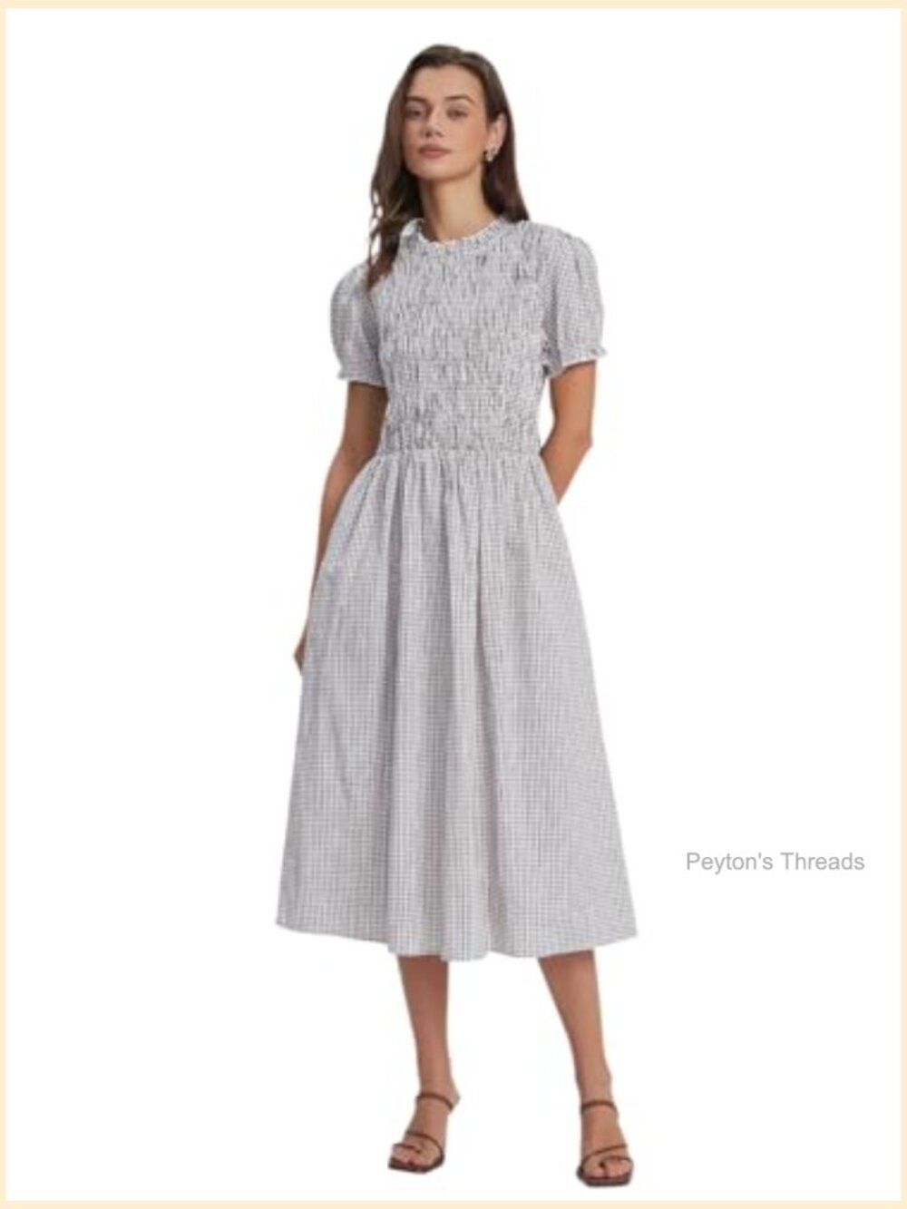 Summer Midi Dress Puff Short Sleeve Flowy Boho Beach Gingham Smocked Sundress - Picture 4 of 6